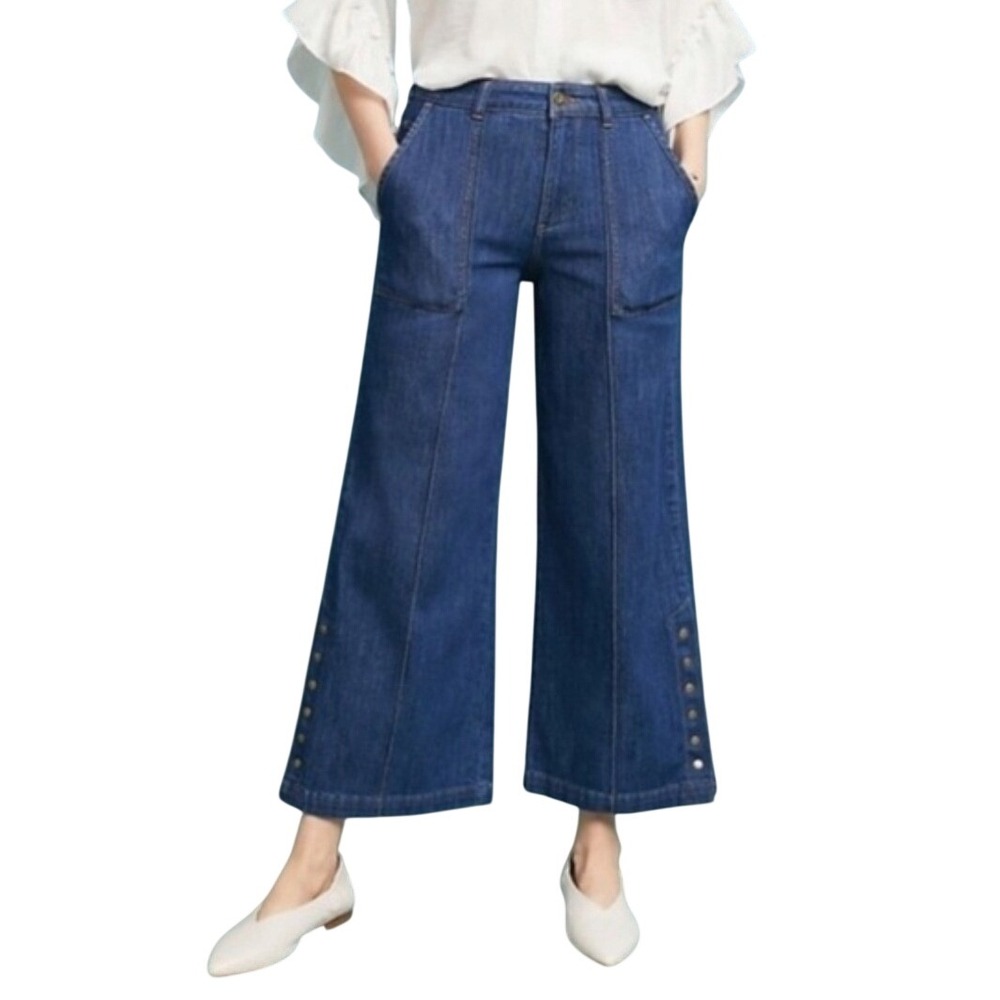 Pilcro Anthropologie High Rise Cropped Wide Leg Snap Hem Jeans Medium Wash 28